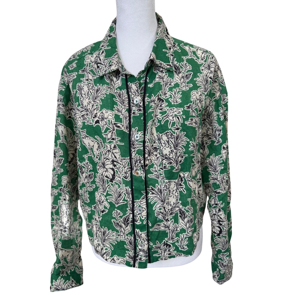 C&C California Linen Button Shirt S Green Floral Print Cropped Boxy Top‎ Cottage